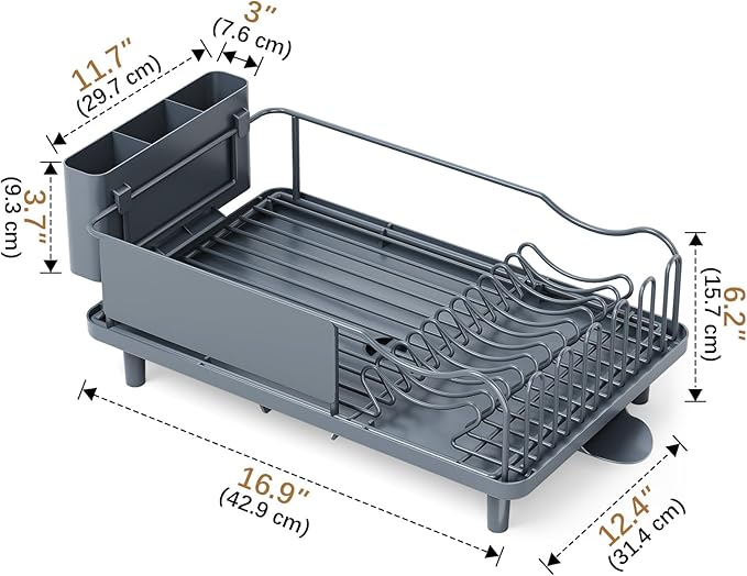Dish Drying Rack Large Capacity - Stainless Steel Dish Rack for Kitchen Counter with Drain Board, Rustproof Dish Drainer with Auto Drain Spout, Utensil Holder & Glass Holder, Dinnerware Organizer