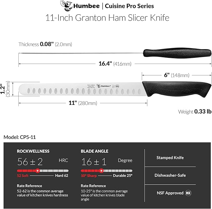 Carving Knife 11-Inch with Razor Sharp Granton Edge for Turkey, Ham, Meat Slicing and Cutting – NSF Certified, German Stainless Steel Blade, Black