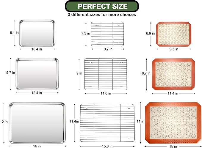 Baking Sheet Tray Cooling Rack with Silicone Baking Mat Set, Stainless Steel Cookie Pan For Oven, Set of 9 (3 Sheets + 3 Racks + 3 Mats), Warp Resistant & Heavy Duty & Easy Clean, Red