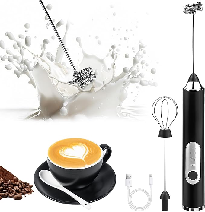 Milk Frother Handheld, Rechargeable Coffee Frother Wand with 2 Stainless Whisks 3 Speeds, Drink Mixer, Electric Foam Maker, Hand Mixer for Lattes, Cappuccino, Matcha, Egg, Black