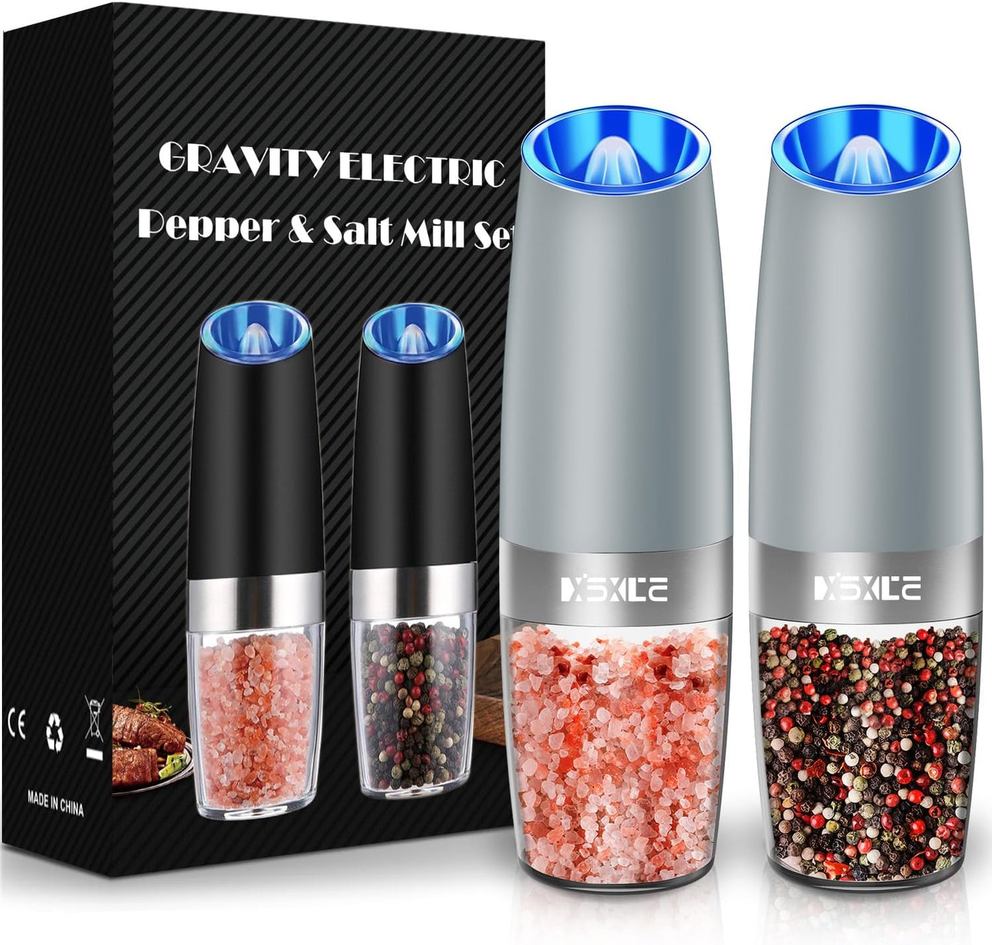 XinXu Gravity Electric Pepper and Salt Grinder Set, Adjustable Coarseness, Battery Powered with LED Light, One Hand Automatic Operation -Light Grey/2 Pack