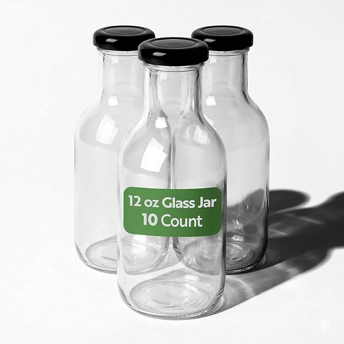 Restaurantware Pack Of 10 Glass Bottles 12 Oz Twist Lock Lid Small Bottles With Lids, Glass Bottle with Lids Durable Hot and Cold Friendly Clear Bottle for Storage, BPA-Free Mini Containers With Caps