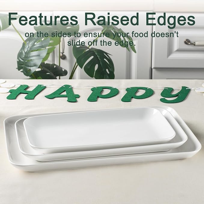 DELLING Serving Platter Set 18/16/14 Inch, Large White Porcelain Serving Trays for Entertaining, Rectangular Platters for Turkey Fruit Appetizer Party Wedding, Microwave Oven Dishwasher Safe, 3-Pack