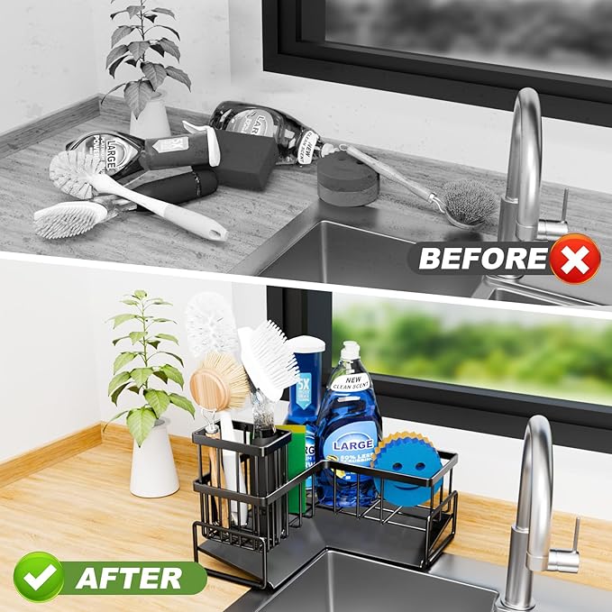 Large Sponge Holder for Kitchen Sink, 90-Degree Sink Caddy Organizer with Dish Brush Holder for Countertop Corner Storage Rack, Metal L-Shaped Kitchen Sink Sponge Soap Organizer Storage Ideas