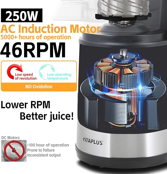 Cold Press Juicer, Upgraded AC Motor Masticating Juicer, Food-Grade Stainless Steel Auger, BPA-FREE Slow Juicing Extractor Machine with Easy Clean 5.8" Feeding Chute for Whole Vegs and Fruits