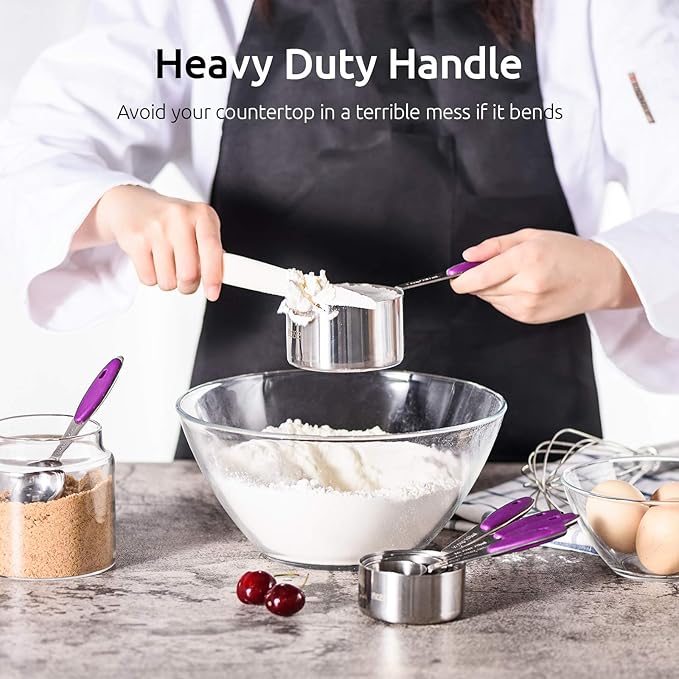 U-Taste 18/8 Stainless Steel Measuring Cups and Spoons Set of 10 Piece, Upgraded Thickness Handle and 1.5oz Heat Resistant Angled Turkey Baster with Cleaning Brush for Cooking Basting (Purple)