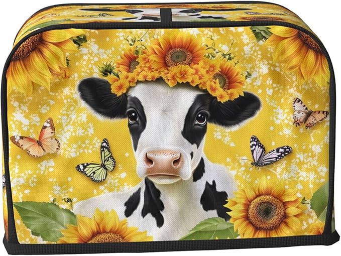 Cow with Sunflower Toaster Cover 2 Slice, Cute Country Bread Machine Cover, Washable Toaster Kitchen Small Appliance Cover Stain Resistant,with Top Handle