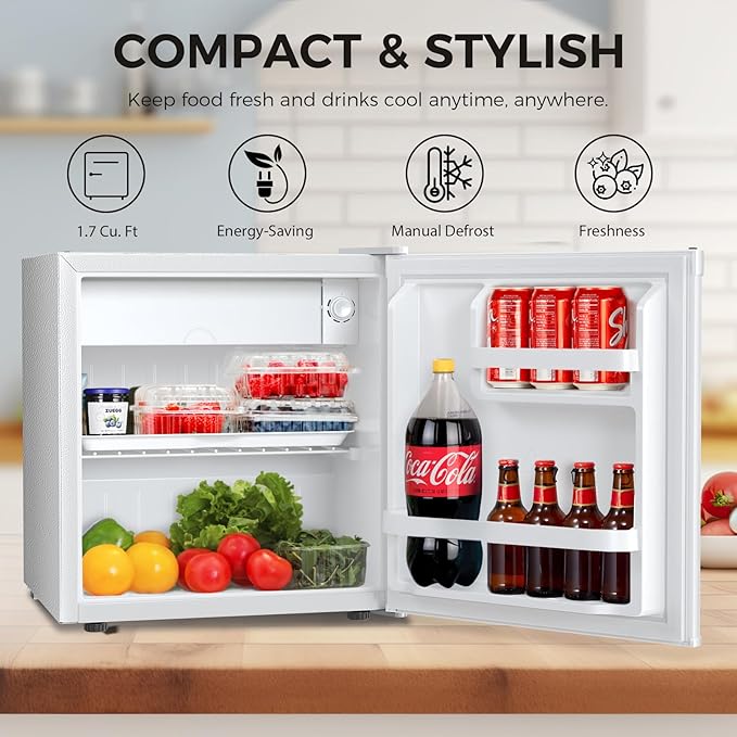 Antarctic Star Mini Fridge Compact Refrigerator with Freezer, Single Reversible Door, Dorm Fridge, Wire Shelf, Defrost Button, for Bedroom, Office, Garage, 1.7 Cu. Ft, White