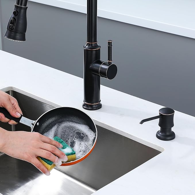 Soap Dispenser for Kitchen Sink (Oil Rubbed Bronze), Built-in and Refill-from-Top Design with Liquid Hand & Dish Soap Bottle