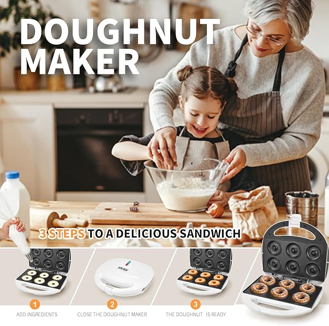 DSP Mini Donut Maker - Non-Stick, Cool Touch Electric Doughnut Machine for Mini Donuts - Perfect for Breakfast, Snacks & Desserts (White, 6 Donuts)