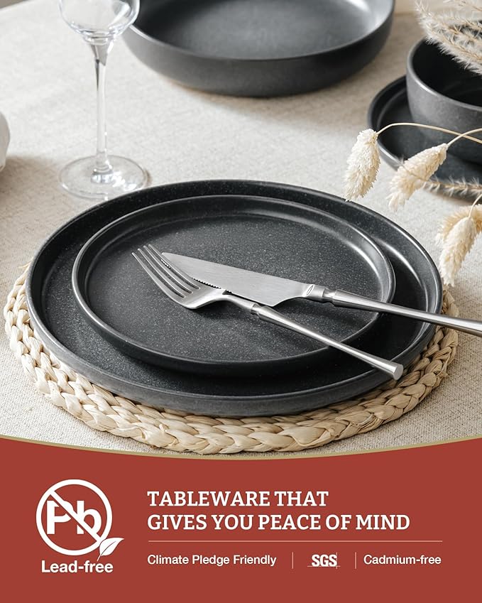 Famiware Milkyway Plates and Bowls Sets, 18 Pieces Dinnerware Sets, Reactive Glaze Dish Set, Stoneware Dishes Set for 6, Matte Dark Charcoal