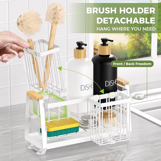 Sponge Holder for Kitchen Sink, Kitchen Sink Caddy with Suction Cup, Sink Organizer Rack for Kitchen Accessories, 304 Stainless Steel Dish Scrubber Holder Self Draining for Sponge, Soap, Dish Brush