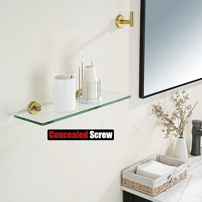 JQK Bathroom Glass Shelf Gold, Tempered Glass Shower Storage 14 by 5 inches, 304 Stainless Steel Brushed Gold Wall Mount, TGS101L14-BG
