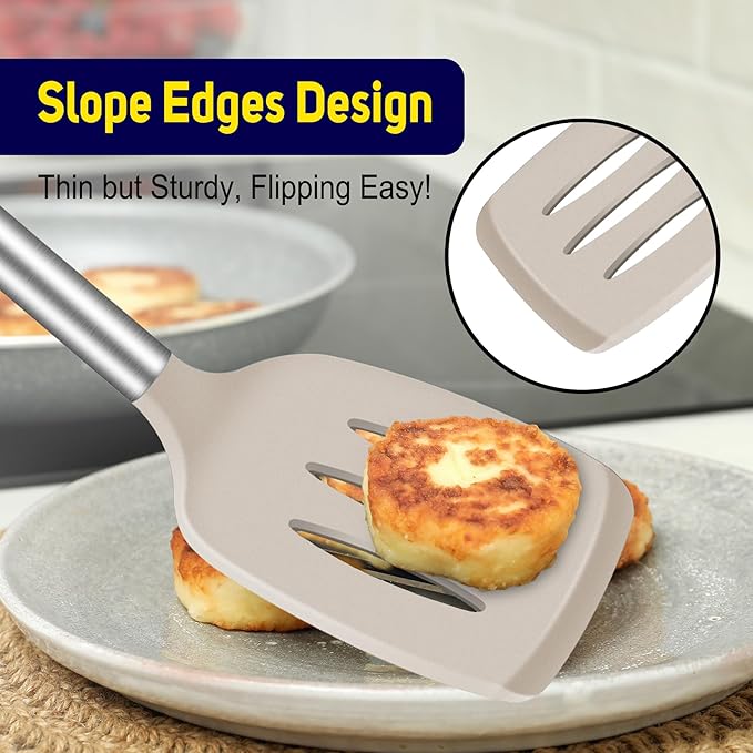 HOTEC Silicone Spatula Set of 2 Heat-Resistant 600°F & BPA-Free Kitchen SaptulaTurner with Stainless Steel Handles, Slotted & Solid Spatulas for Nonstick Cookware, 13.7 Inch, Khaki