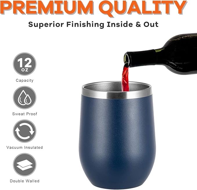 COMOOO 16 Pack Stainless Steel Wine Tumbler with Lid and Straw 12oz Double Wall Vacuum Insulated Wine Tumbler Cup Stemless for hot and Cold Drinks, Coffee, Wine, Cocktails, Navy