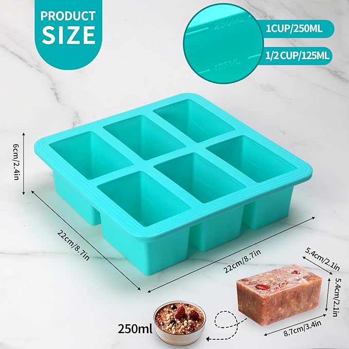 1 Cup Silicone Freezer Trays with Lid, 4 Pcs Ice Cube Freezer Molds, Silicone Ice Cube Tray, Easy Meal Prep, Silicone Mold for Soup and Food Storage(Aqua 4 Pack)