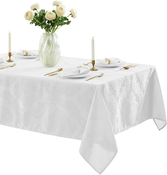 Newbridge Barcelona Luxury Damask Fabric Tablecloth, 60” Wide x 144” Rectangle, White, 100% Polyester, No Iron, Soil Resistant Dining Room, Party and Banquet Table Cover