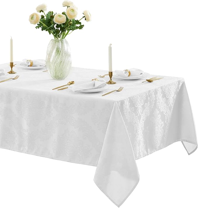 Newbridge Barcelona Luxury Damask Fabric Tablecloth, 70” Extra Wide x 108” Rectangle, White, 100% Polyester, No Iron, Soil Resistant Dining Room, Party and Banquet Table Cover