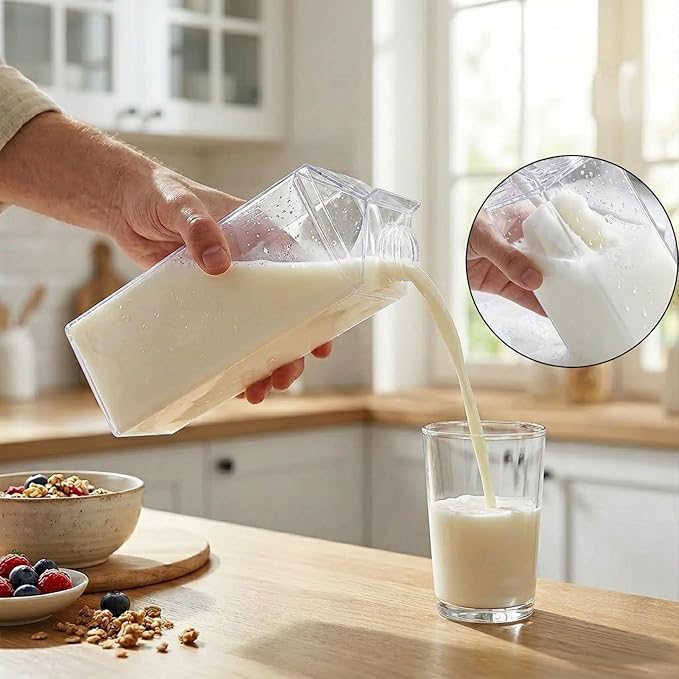 3 Pcs 64 Oz Large Clear Milk Carton Container with Brushes Labels and Pen Square Plastic Milk Water Bottle for Outdoor Camping or Climbing Tour
