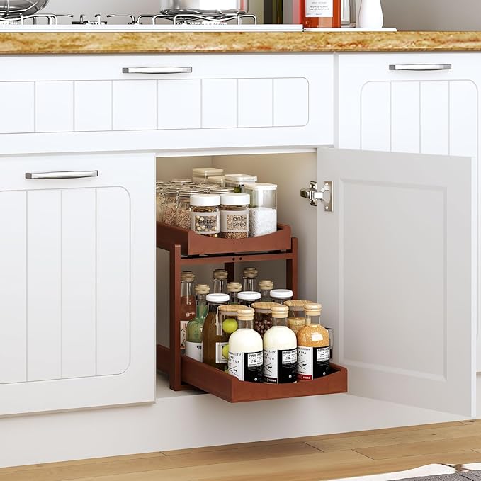 MHXW SXPN Bamboo Under Sink Organizer and Storage, Pull Out Cabinet Organization, 2 Tier Vertical Slide Out Undersink Storage Shelf, Organizer Shelves for Kitchen Bathroom Medicine (Brown, 2 Pack)