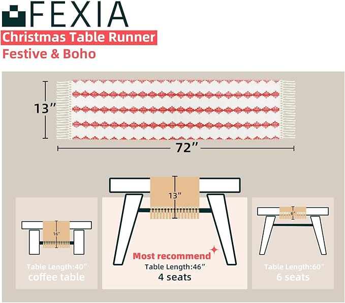 FEXIA Christmas Red Table Runner 13x72 Inches Long Christmas Runner for Table Boho Table Decor Rustic Farmhouse Xmas Decoration for Home Party Decor (Red Square)