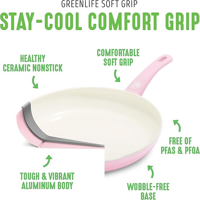 GreenLife 16.5” x 12” Healthy Ceramic Nonstick Roasting Pan with Stainless Steel Roaster Rack, PFAS-Free, PFOA-Free, Dishwasher Safe, Oven Safe, Easy Pouring Rims, Soft Pink
