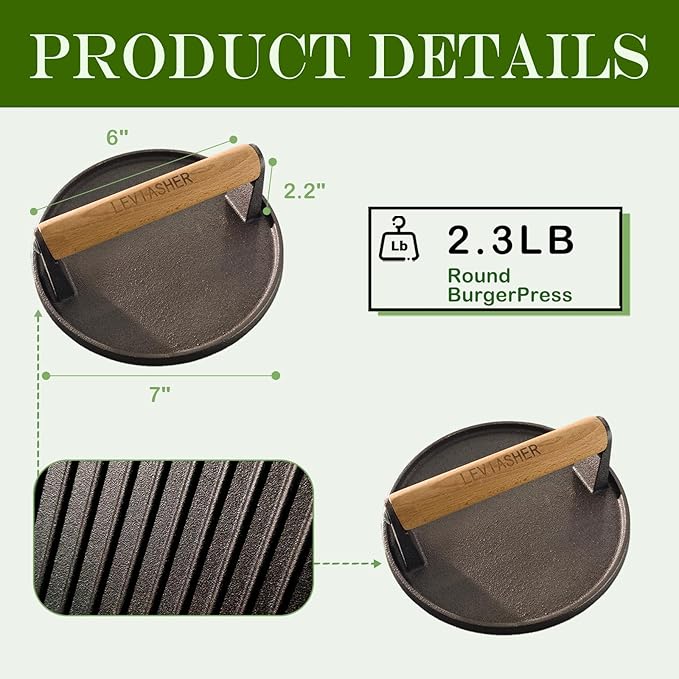 2.2lb Heavy Duty Cast Iron Grill Press, 6.69 inch Smash Burger Press Meat Steak with Wood Handle for Blackstone, Chef, Camp, Panini, Vegetable, Bacon, Sandwich, Nonstick Pan, BBQ, 2 Pack