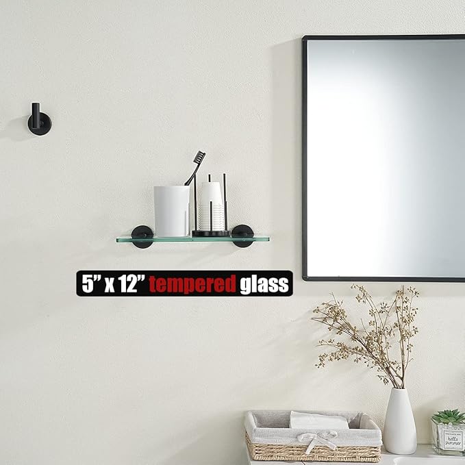 JQK Bathroom Glass Shelf Black, Tempered Glass Shower Storage 12 by 5 inches, 304 Stainless Steel Matte Black Wall Mount 2 Pack, TGS101L12-PB-P2
