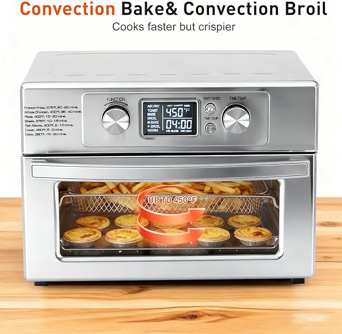 OLIXIS Air Fryer Toaster Oven Combo Extra Large, 23QT Convection Oven Countertop 4 Functions in 1, 4 Accessories Included, Stainless, Up to 450°F
