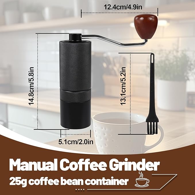 Manual Coffee Grinder Gift Box Detachable Stainless Steel Conical Burr Aluminum Coffee Bean Grinder with 25 Grinding Settings Cleaning Brush Grindable Espresso Moka Pot for Camping Black