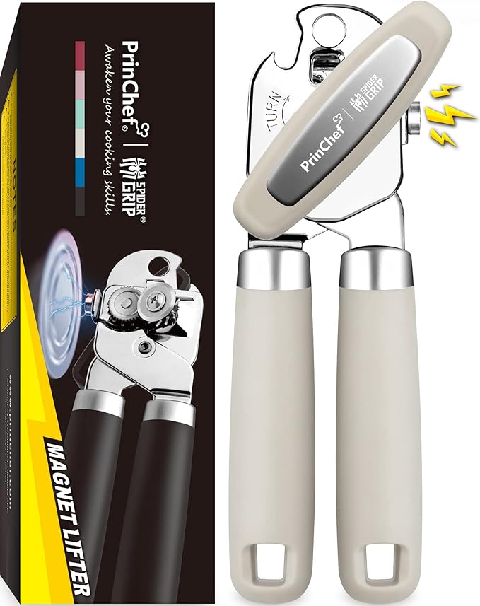PrinChef Can Opener Manual, Can Tin Bottle Opener with Magnet - No-Trouble-Lid-Lift, Handheld Can Opener Smooth Edge with Sharp Blade, Heavy Duty and Easy to Use, for Seniors with Arthritis, White