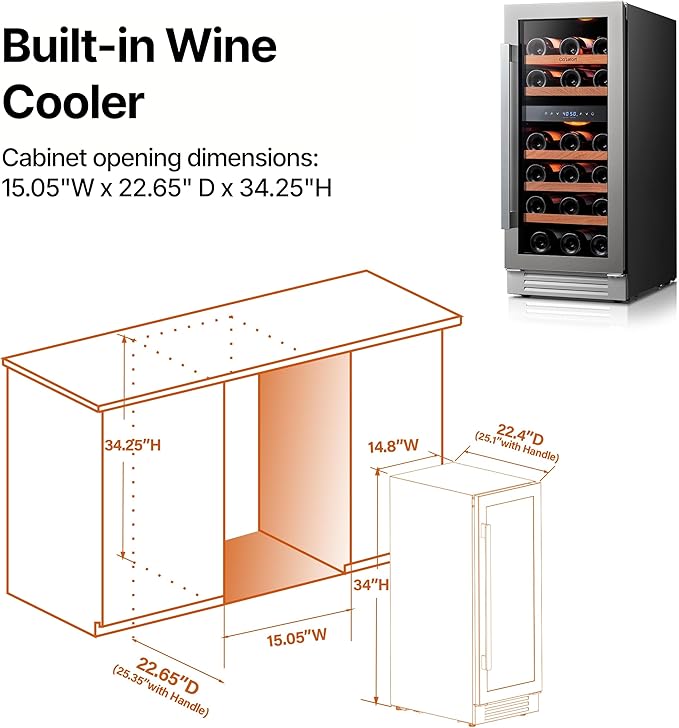 Ca'Lefort 15 Inch Wine Fridge, 28 Bottle Wine Cooler Refrigerator, 40-65°F Wine Refrigerator Glass Door, 3 LED Dual Zone Wine Fridge, Built-in or Freestanding Fridge for Home/Bar/Kitchen (3.0 cu.ft)