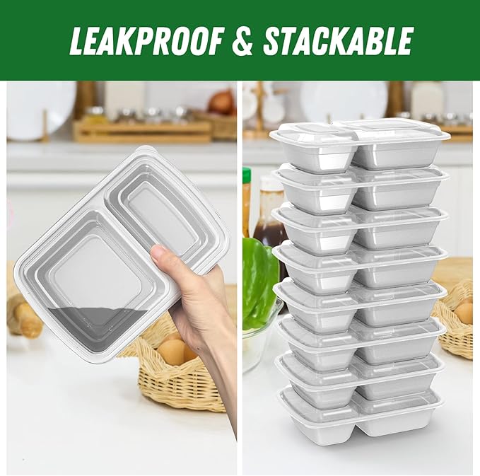 Dealusy 50 Pack (100-Piece) 28 oz Meal Prep Containers Reusable with Lids 2-Compartment, Sturdy Leakproof Food Safe, Microwave Freezer Dishwasher Safe, To Go Take Out Plastic Food Storage, Silver