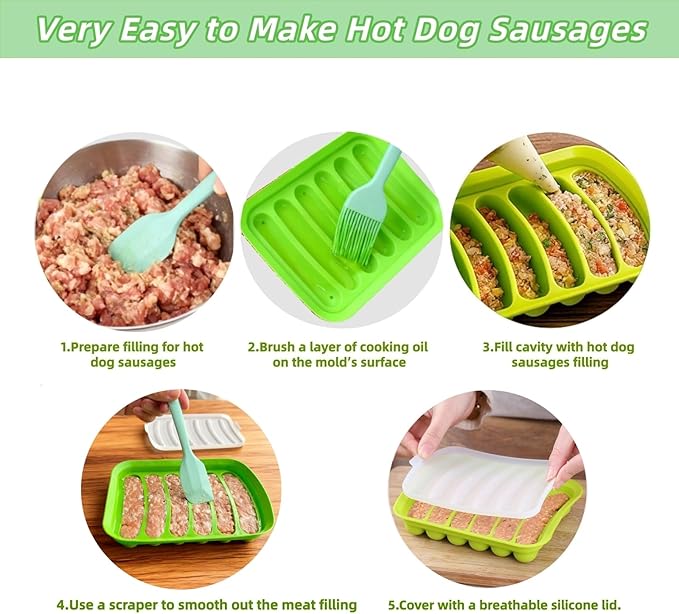 2 Pcs Silicone Sausage Mold with a Set of Silicone Brush Spatula and 25x Pastry Bags,Non-Stick Hot Dog Bun Pan,DIY Handmade Ham Sausage,Hot Dogs Baking Mold for Children's Food with Lid(Red,Green)