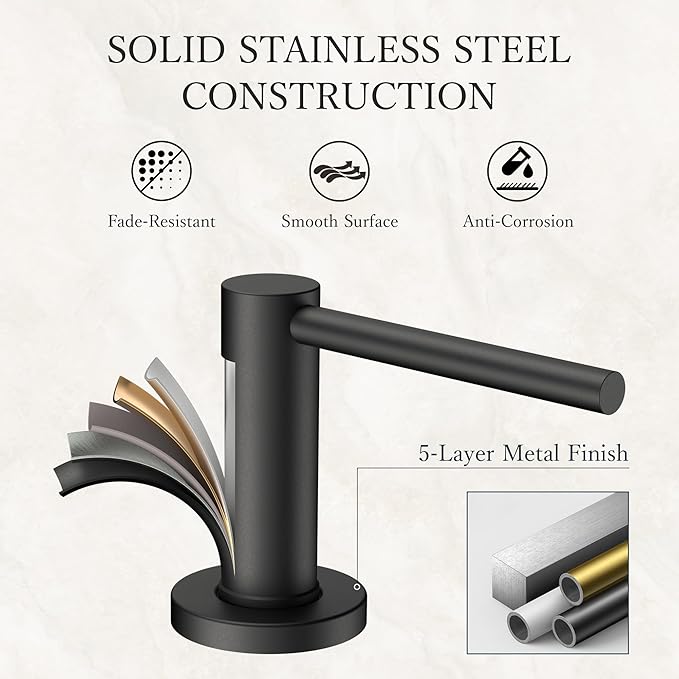 FORIOUS Soap Dispenser for Kitchen Sink, Black Stainless Steel Liquid Dish Soap Dispenser Pump with Top Refill 17oz Soap Bottle, Built in Sink Lotion Dispenser for Kitchen Countertop