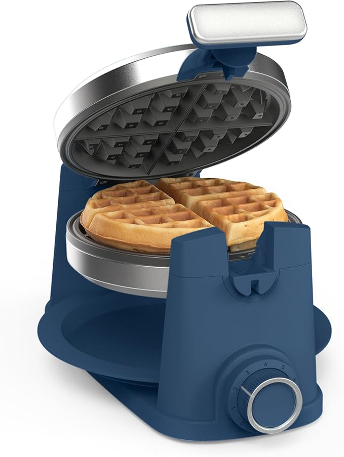 Martha Stewart Rotating Waffle Maker, 180° Flip Iron with PFAS-Free Nonstick Plates, Adjustable Timer, Ready Light, Drip Tray, Space Saving, Classic Round 7”, Easy to Clean, Stainless Steel, Indigo