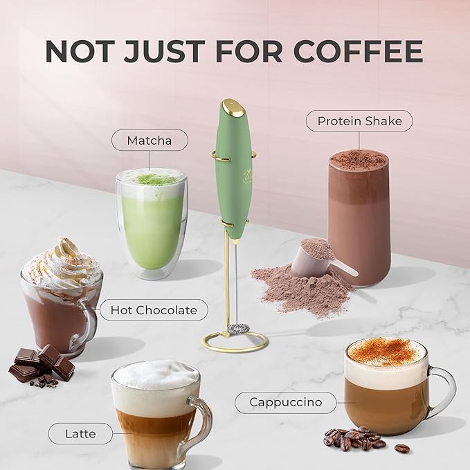 Zulay Kitchen Powerful Milk Frother Wand With 4 AA Duracell Batteries - Ultra Fast Handheld Drink Mixer - Electric Whisk Foam Maker for Coffee, Lattes, Cappuccino, Matcha & Creamer - Forest Gold