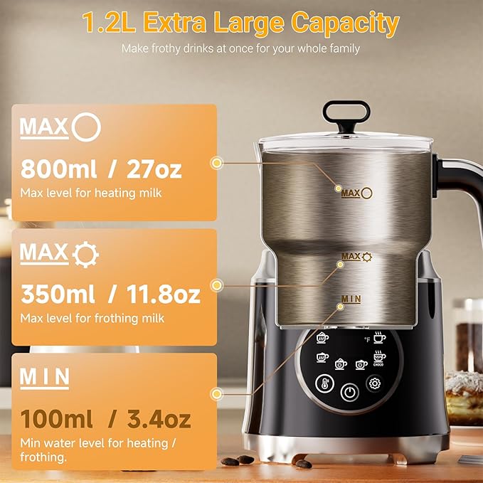 Milk Frother,Variable Temp and Froth Thickness,27oz/800ml Milk Steamer and Frother for cappuccino or Latte,Dishwasher Safe,6-in-1 Frother Machine (Black)