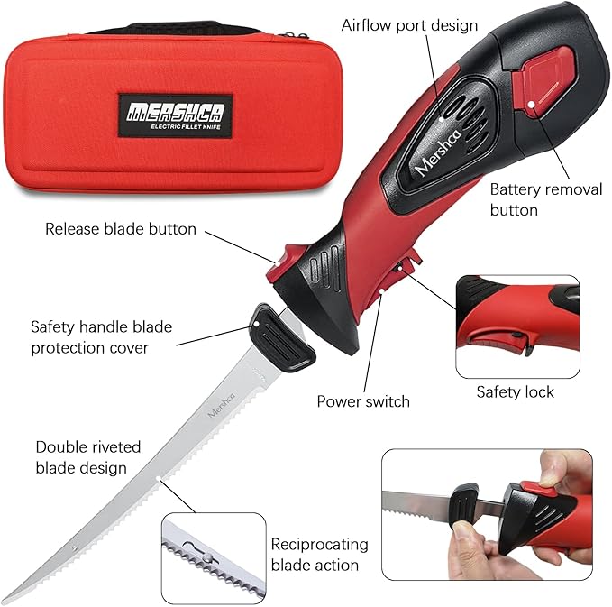 Cordless Electric Fillet Knife - 8-Inch Serrated Stainless Steel Blades with Non-Stick Coating, Ergonomic Non-Slip Handle, Cooling Vent, and Portable Carry Bag – Rechargeable Electric Knife for Effortless Fishing Filleting (8in-Blade Set)