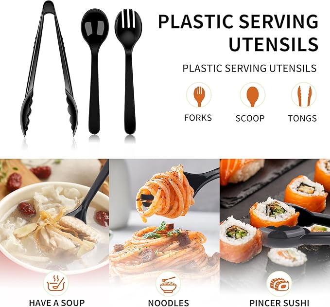 36 PCS Disposable Serving Utensils for Party - 12 Set Including Black Plastic Spoons, Tongs and Forks