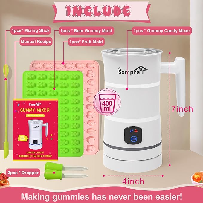 Gummy Maker Machine, Oil Infused Gummy Candy Maker, DIY Edible Gummy, Jelly & Pudding, Gummy Making Kit, , Include 1 Bear Mold, 1 Fruit Mold, 2 Dropper &1 Mixing Stick 5-Years Free Replacement (White)