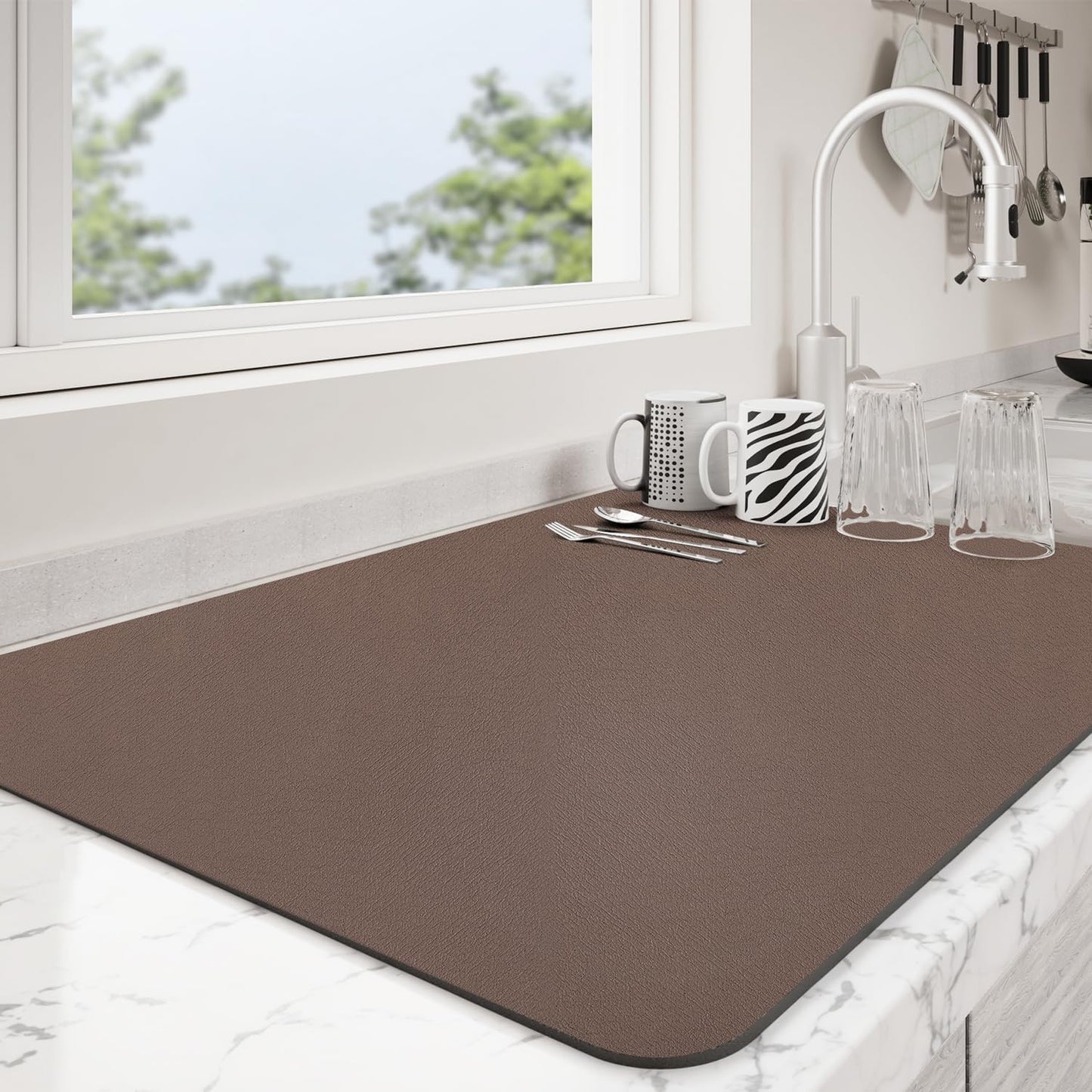 Dish Drying Mat for Kitchen Counter | Coffee Bar Mat for Countertops | Heat Resistant Drainer Mat with Non-slip Rubber Backed | Hide Stain Kitchen Absorbent Draining Mat | Brown 16"x24"