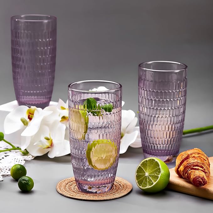 CREATIVELAND Highball Beverage Glasses Set of 6 Romantic Colored Thick & Heavy Base Big Capacity 14.87oz|440ml, Drinking Glass Tumblers for Iced Tea, Water, Soda & Juice and Cocktails (Purple)