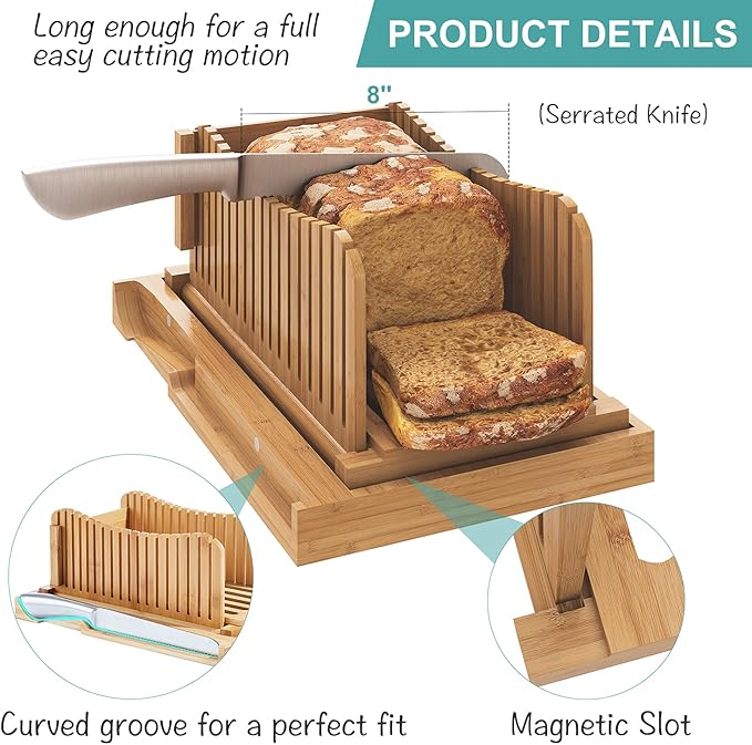 Bamboo Bread Slicer with Serrated Knife, Adjustable Guide for 3 Thickness Sizes, Foldable Chopping Board with Crumb Tray, Great for Homemade Bread, Cakes, Bagels