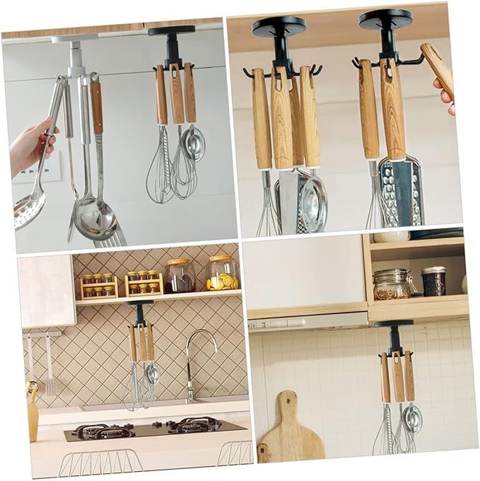 Lurrose 3pcs Rotating Kitchen Utensil Hooks Set, Black Metal Hanging Rack for Spatula Spoon Storage, Under Cabinet Organizer for Kitchen Cooking Tools