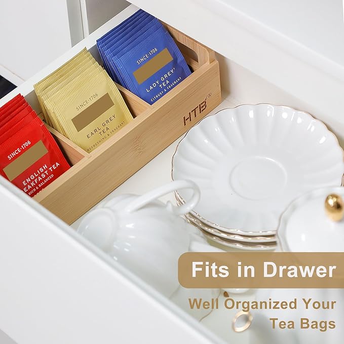 HTB Small Tea Bag Holder, Bamboo Tea Organizer 3 Compartments for Beverage Suppliers, Sugar, Sweeteners, Individual Packets, Portable Tea Bag Organizer for Home Kitchen Counter or Office