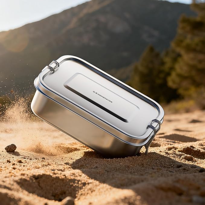 G.a HOMEFAVOR Stainless Steel Bento Lunch Box - Leak-Proof Metal Bento Box, Large Food Container with Lock Clips, Snack Container, Dishwasher Safe, 2 Compartments, 800 ml/27 oz