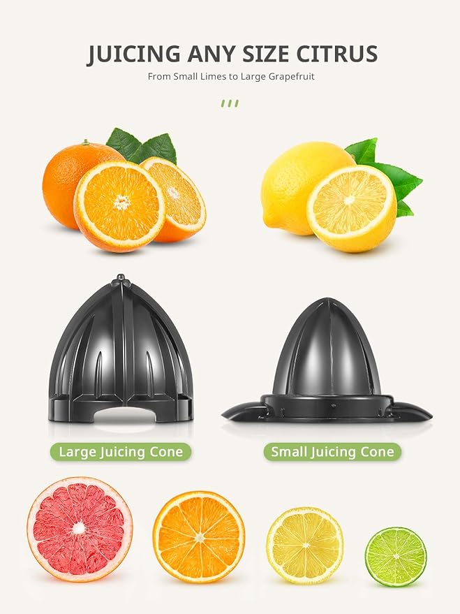 Electric Citrus Juicer Squeezer, Orange Juicer with Two Interchangeable Cones, Suitable for orange, lemon and Grapefruit, Brushed Stainless Steel, Easy to Clean and Use (Stainless Steel)