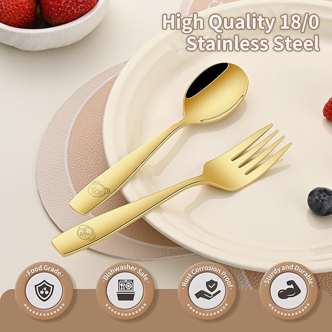 DEHOV Gold Toddler Eating Utensils Set,Set Of 12 Food Grade Stainless Steel Silverware Sets For Kids,Dishwasher Safe Children Small Metal Spoons And Forks Flatware Sets