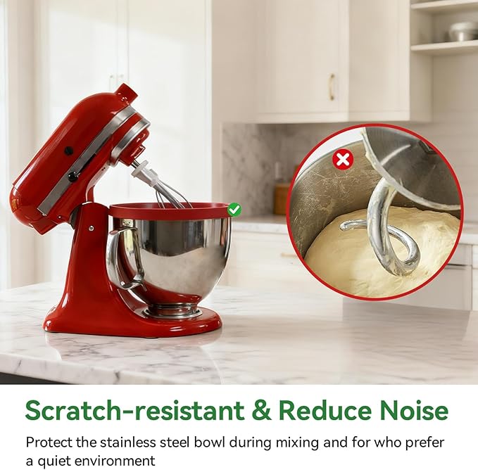 3PCS Silicone Bowl Liners with Lids,5Qt Tilt-Head Silicone Liners for Kitchenaid Stand Mixer,Odourless,Thicker, Cold/Heat-Resistant & Non-Stick, Easy Clean(Red+White+Black)(with Oven mitts)